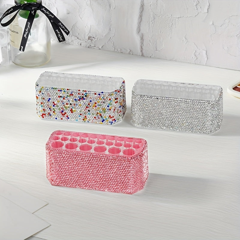 Fashion Creativity Luxury Diamond Inlay Cosmetic Pen Storage Box Eyebrow Pencil Holder with 26 Holes for Makeup Brushes and Eyeliners